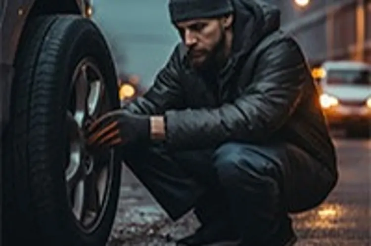 man checking tire for repair needed