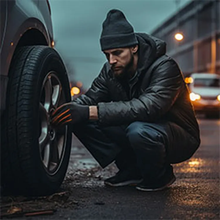 man checking tire for repair needed