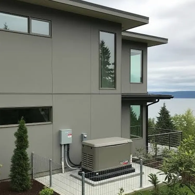 Backup generator installed on a concrete pad outside a modern house overlooking water and trees