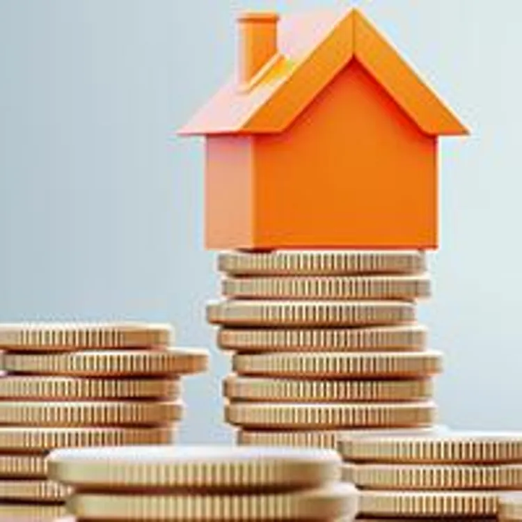 small house sitting on coins