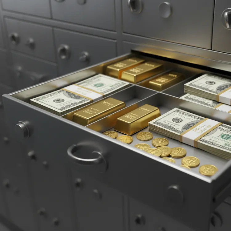 Open safe deposit box with stacks of cash, gold bars, and gold coins inside