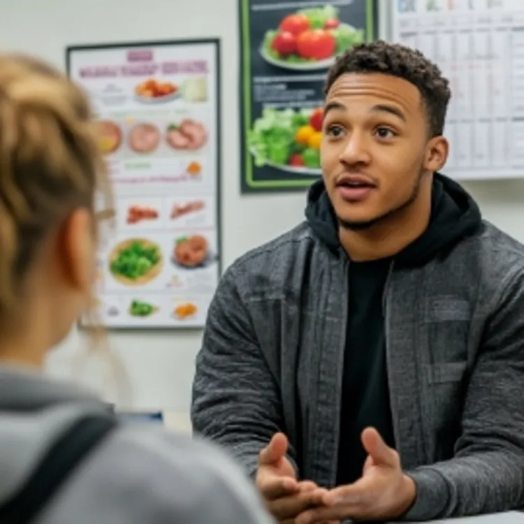 a male nutritionist talking to a woman