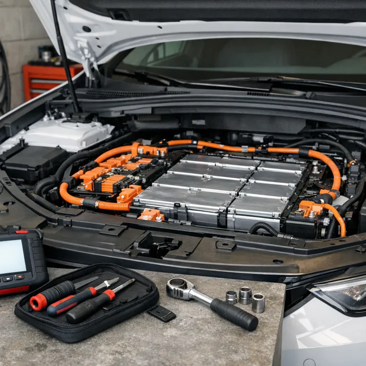 Open electric car hood showing battery pack with orange cables and repair tools nearby