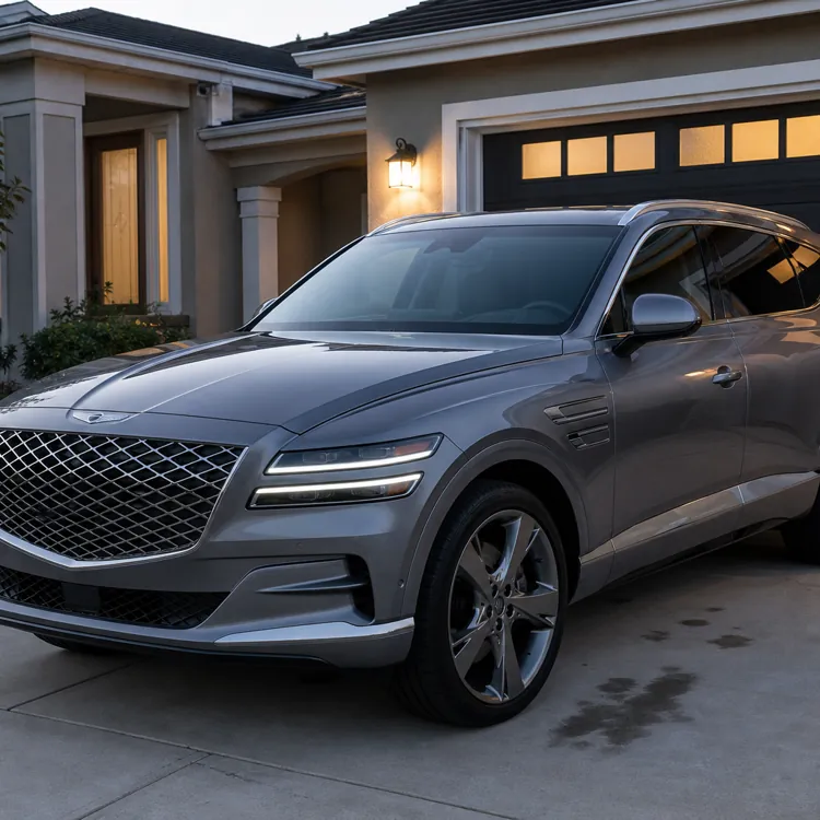 silver SUV parked in a driveway in front of a modern suburban house at dusk