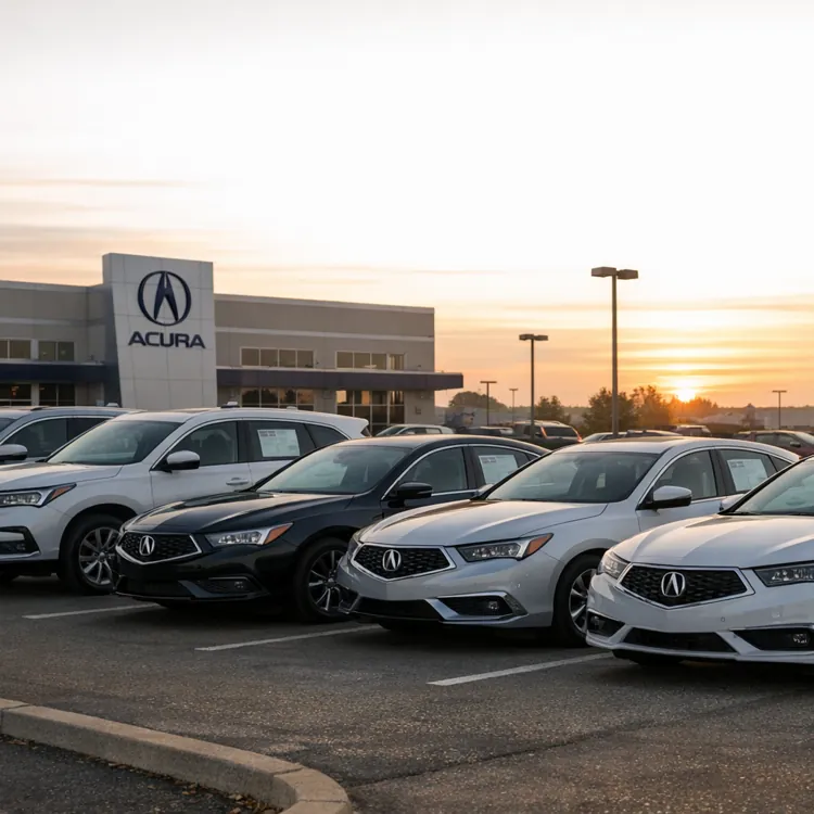 Row of new Acura cars parked outside a dealership at sunset