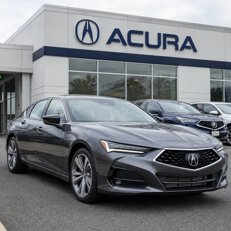 Gray Acura sedan parked in front of an Acura dealership and service center with other cars nearby