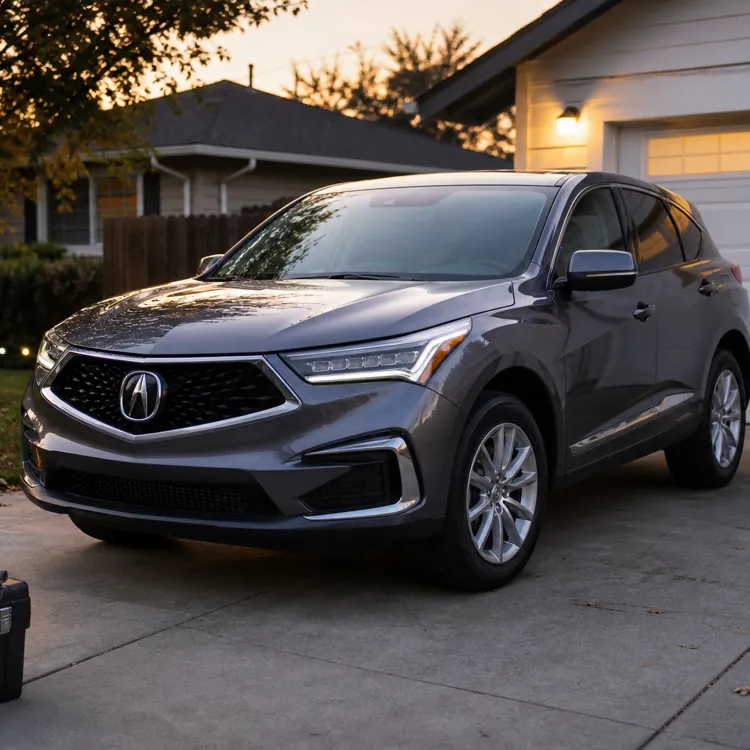 Silver SUV parked in a driveway near a toolbox and gloves at dusk