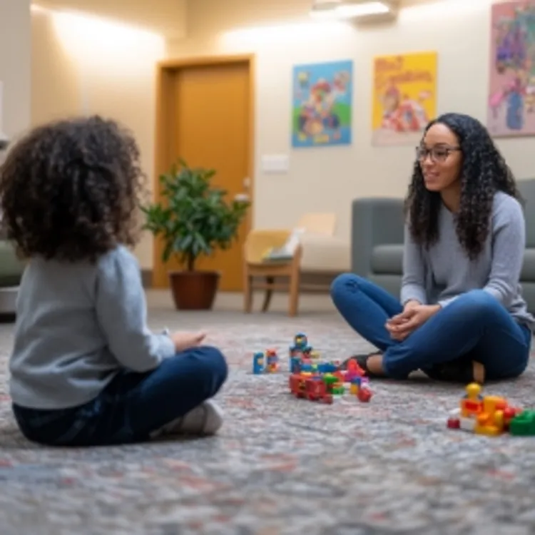 a child and a therapist sitting cross-legged across from each other