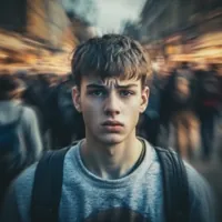 a confused-looking teenage boy standing in the middle of a crowd