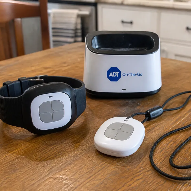 Medical alert wristband, pendant with lanyard, and charging station on a wooden table in a kitchen