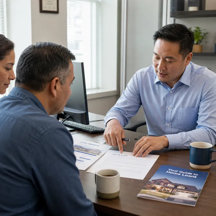 Loan officer discussing home loan documents with a couple at an office desk