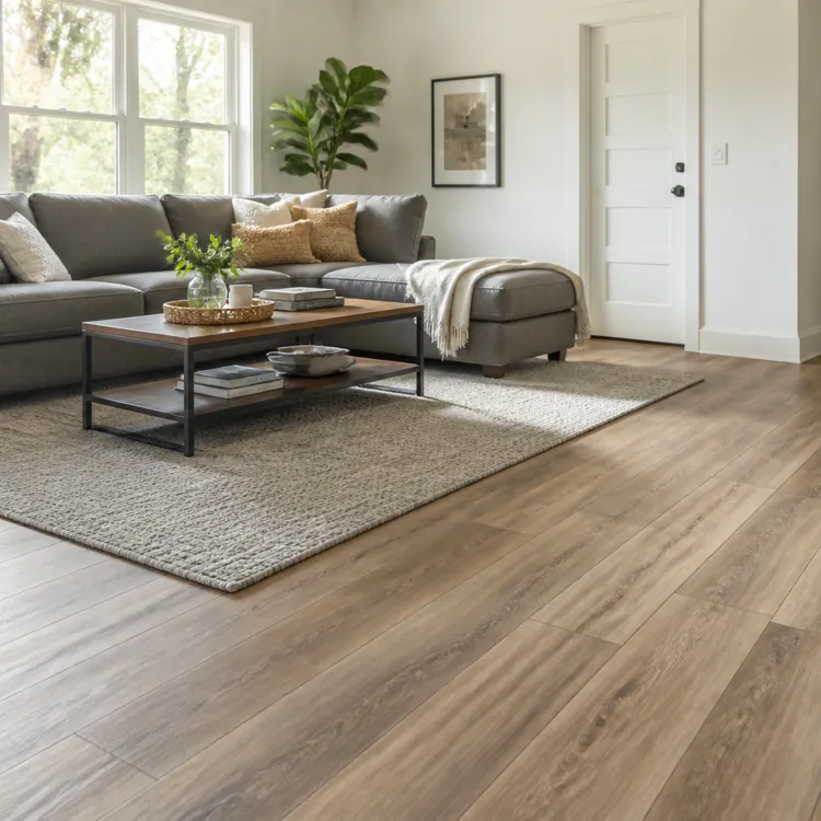 Modern living room with a gray sectional sofa, coffee table, large rug, and hardwood flooring