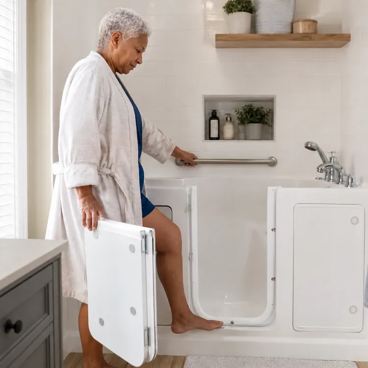 Senior woman entering a walk in bathtub with grab bar in a bright bathroom