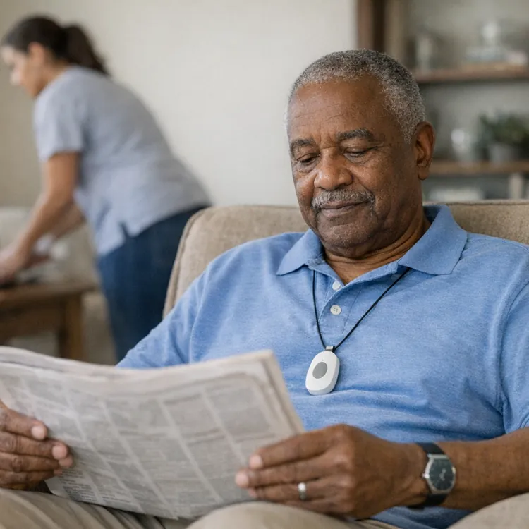 Senior man with medical alert necklace reads newspaper while caregiver works in background