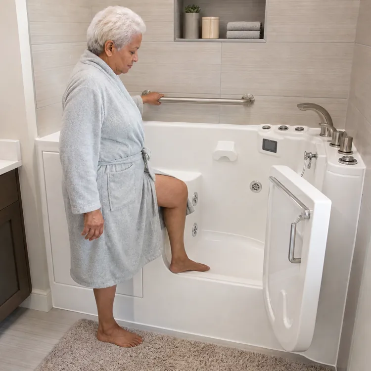 Senior woman in robe stepping into a walk-in bathtub with safety rail in modern bathroom