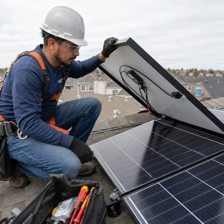 Technician in safety gear installing solar panels on a residential roof