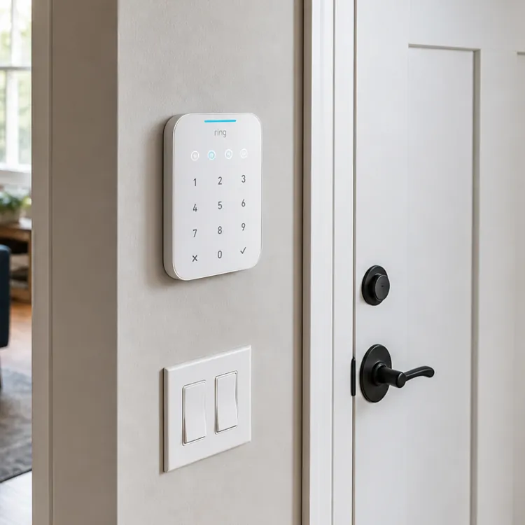 Home security keypad on wall near white front door with coat and shoes nearby