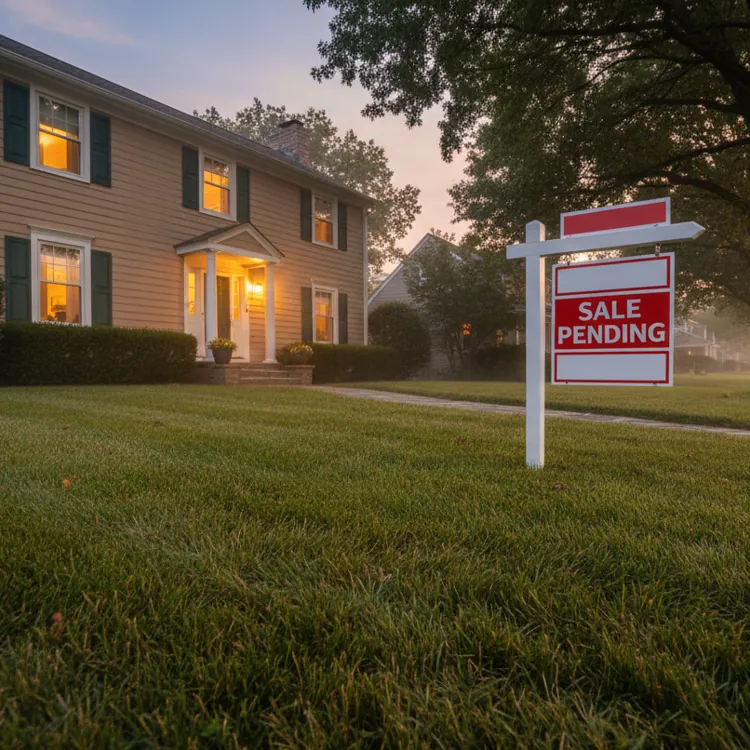 Two story house with sale pending sign on green lawn at dusk