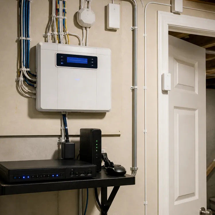 Wall-mounted security alarm panel and network equipment in a basement utility area near stairs