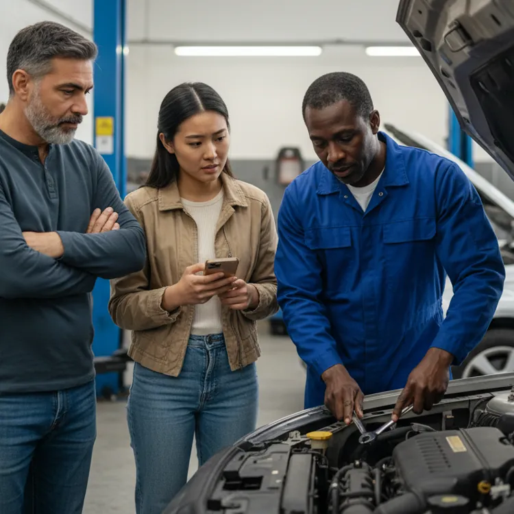Mechanic in blue coveralls showing car engine details to a man and woman in a workshop.