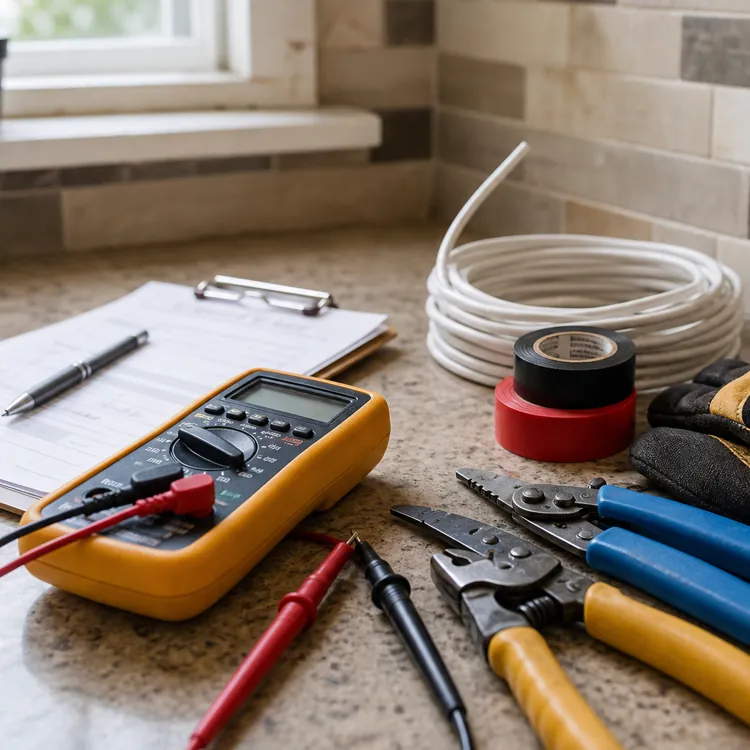 Electrical tools, gloves, and wiring on a kitchen counter near an outlet
