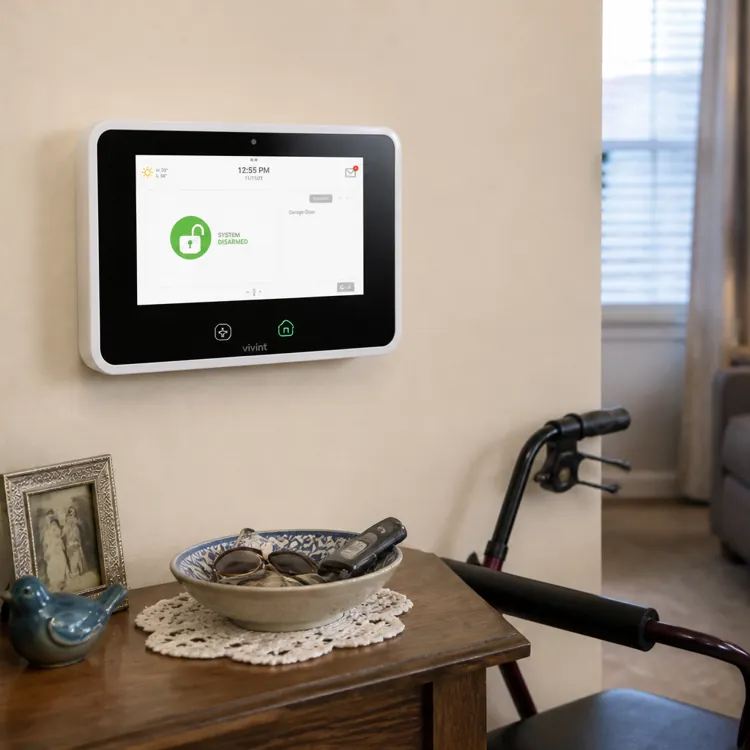 A home security control panel on a wall