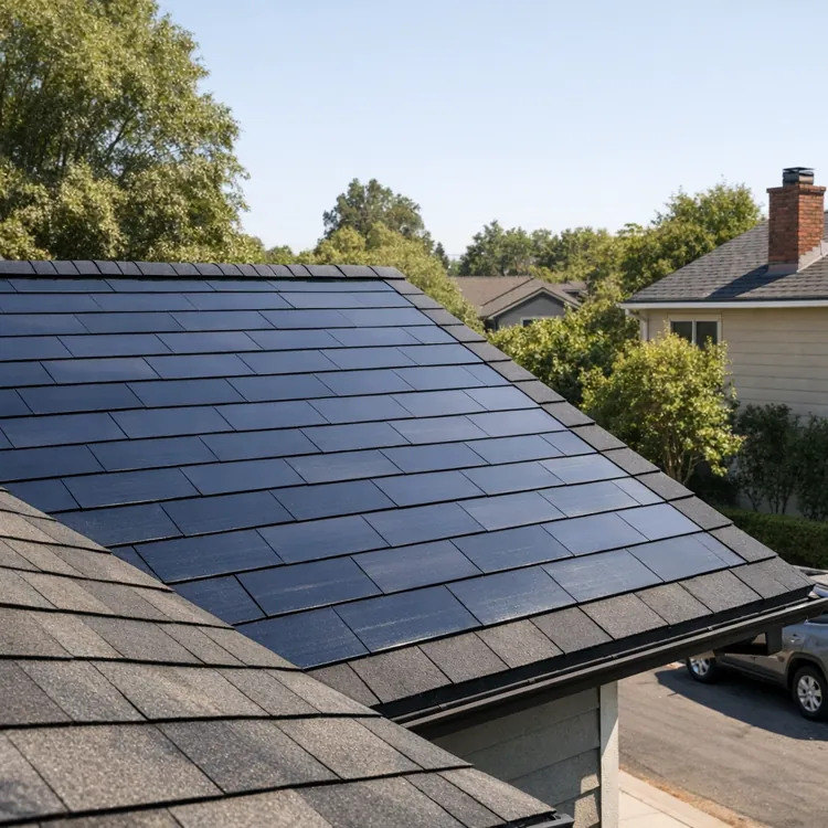solar roof tiles on a suburban house with trees and parked car nearby