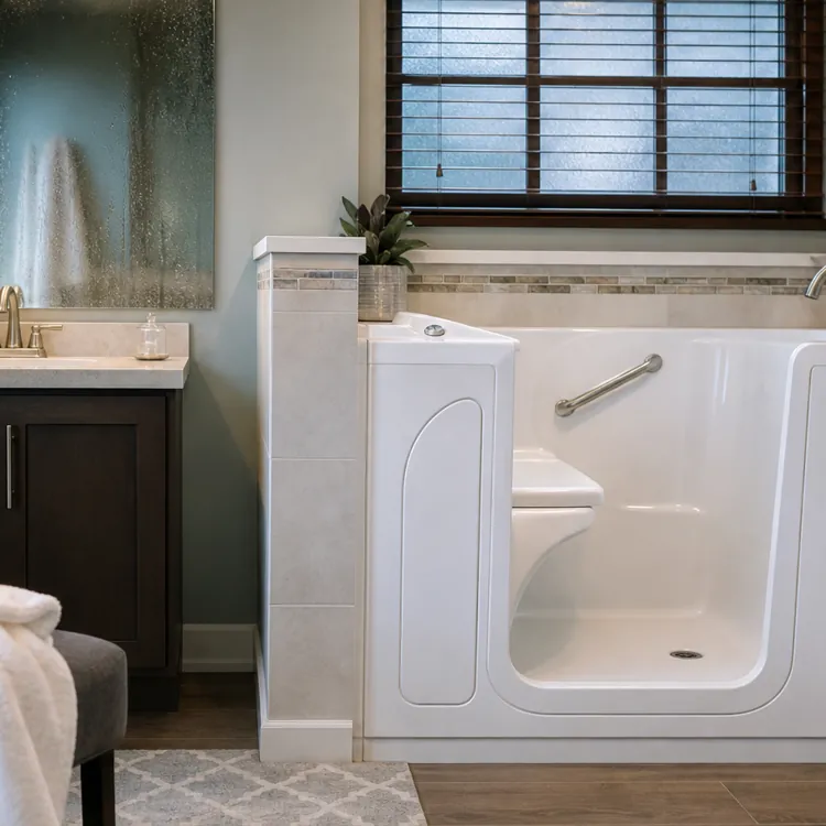 Bathroom with a walk in tub, vanity, chair with robe, and large window