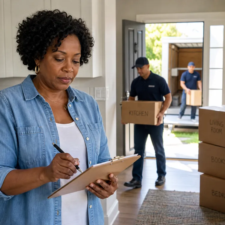 Woman checking a clipboard while movers carry labeled boxes into a bright home