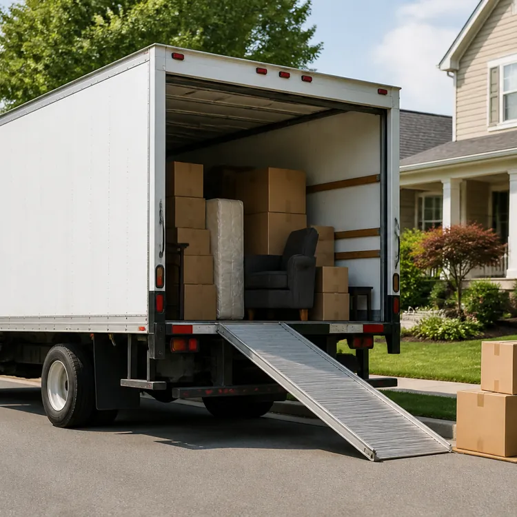Open moving truck with boxes and furniture on a residential street in front of a house