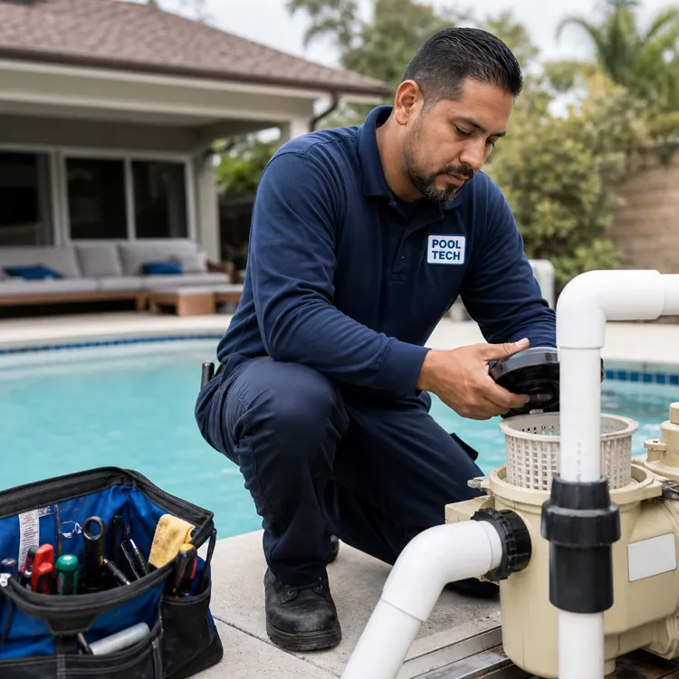Technician in blue uniform servicing pool pump beside a backyard swimming pool