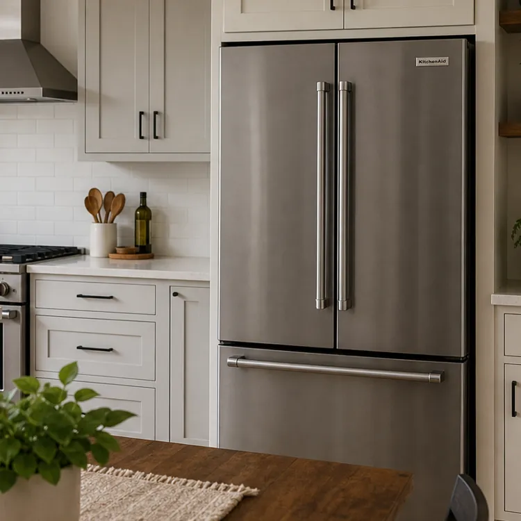Modern kitchen with stainless steel fridge, white cabinets, and green plants on counters