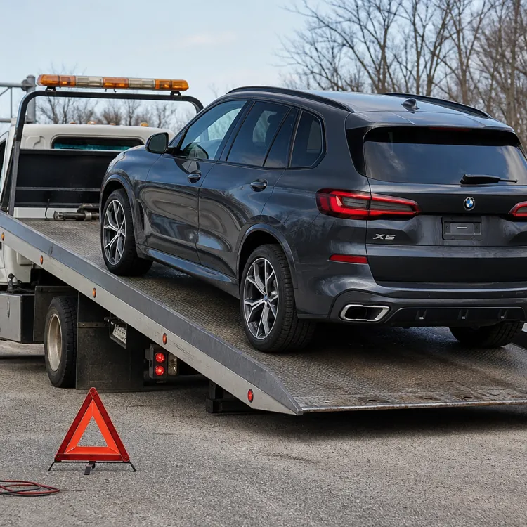 A black SUV being loaded onto a tow truck on the side of a highway near a Hartford exit sign