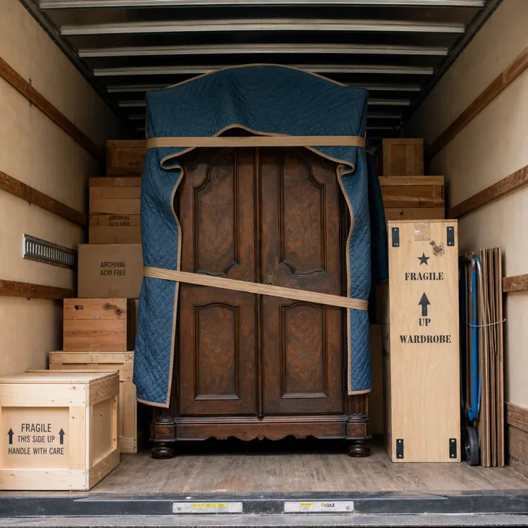 Large wooden wardrobe and boxes packed in a moving truck