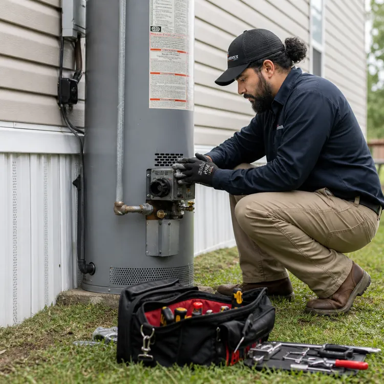 Technician repairing outdoor water heater next to a house with tools on the grass