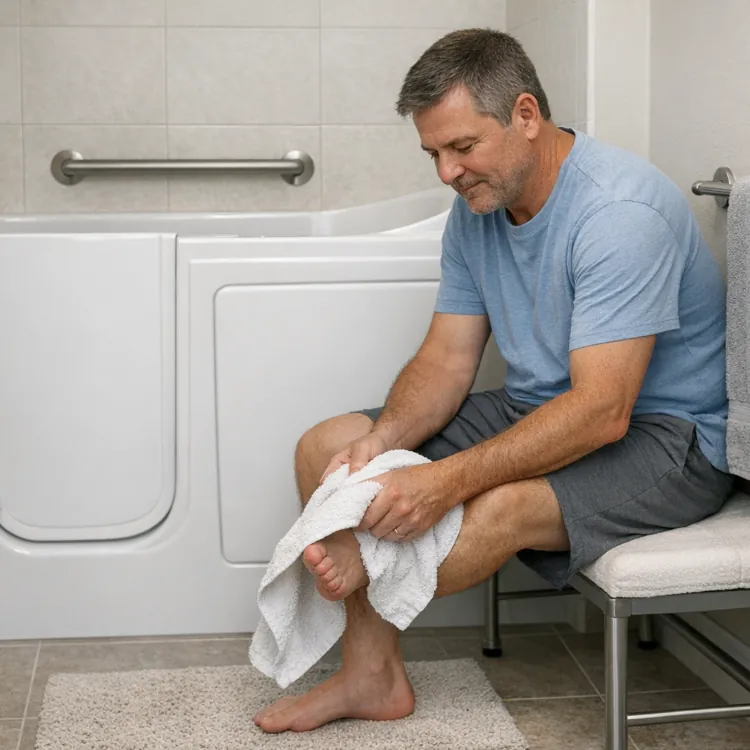 Man drying foot with towel while seated near a walk-in bathtub in a tiled bathroom