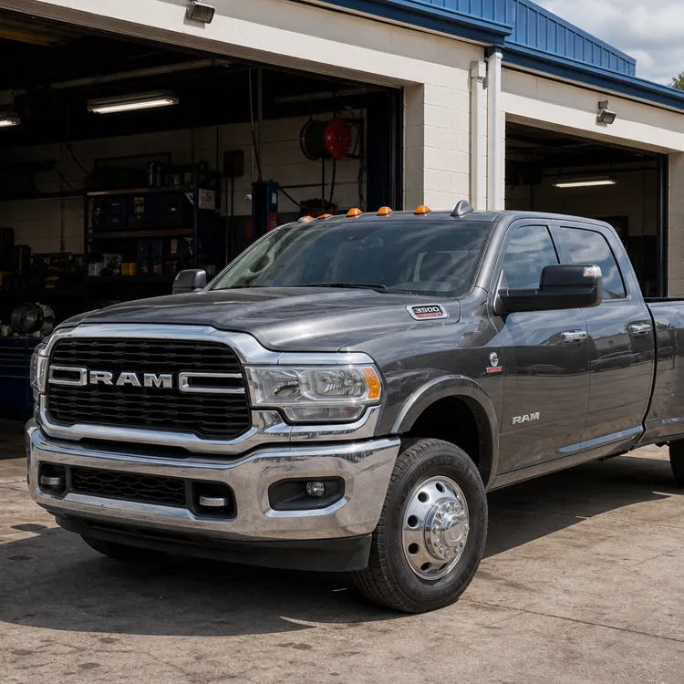 Gray pickup truck parked outside an auto repair shop with service bays in the background