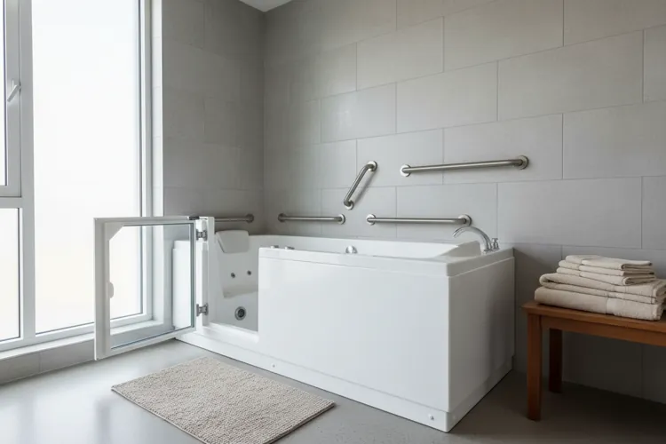 Walk-in bathtub with open door, grab bars, and folded towels in a bright bathroom
