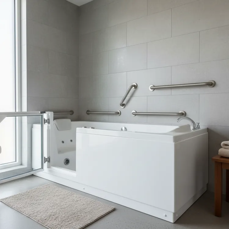 Walk-in bathtub with open door, grab bars, and folded towels in a bright bathroom