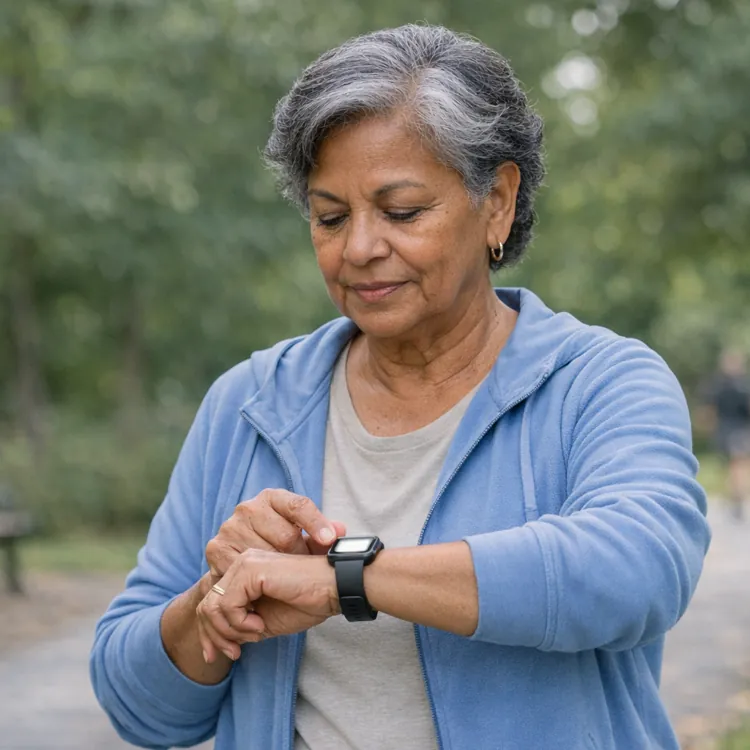 Older woman in blue jacket checking fitness tracker while walking in a park