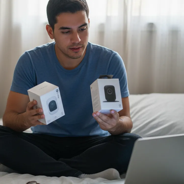 Man sitting on bed comparing two home security camera boxes in front of a laptop