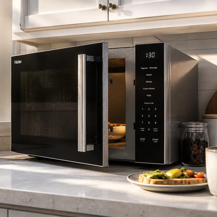 Black microwave on a kitchen counter with food and coffee nearby