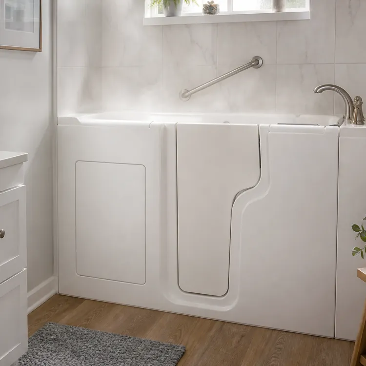 Modern bathroom with a walk-in tub, grab bar, white vanity, and potted plants