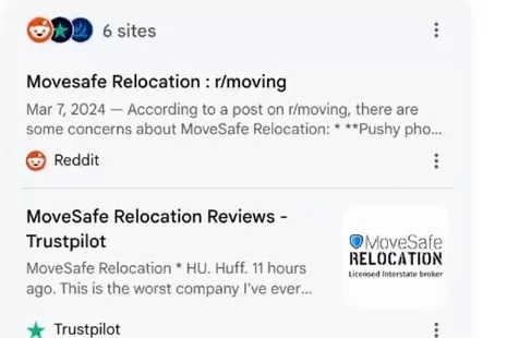 The source panel beside a Google AI Overview, headed 6 sites, listing a Reddit thread, a Trustpilot review page and a Better Business Bureau complaints page.