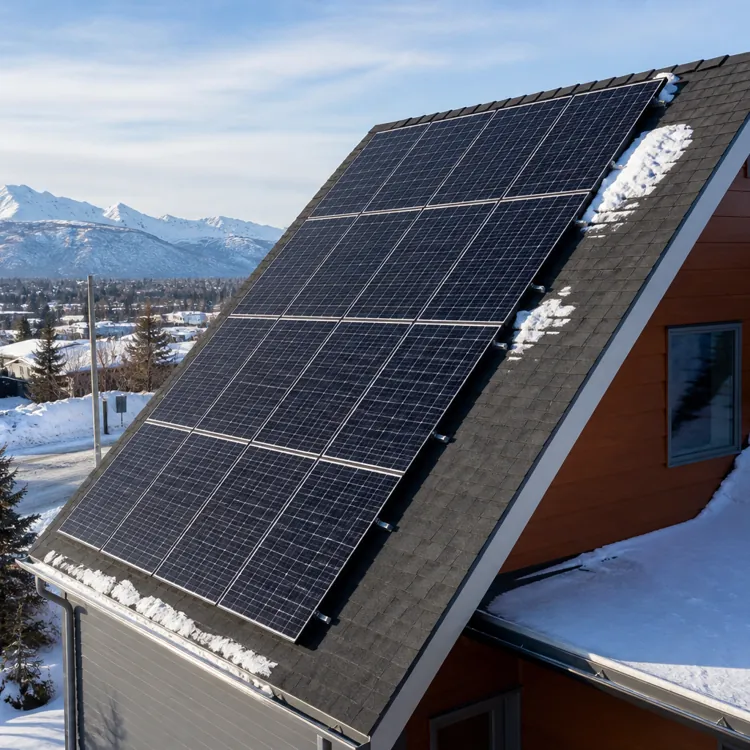 Solar panels installed on a snow-covered house roof with mountains and houses in the background