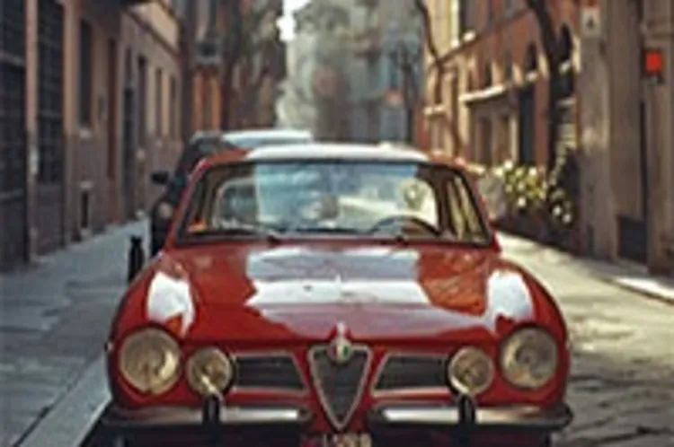 red Alfa Romeo car parked on a residential street