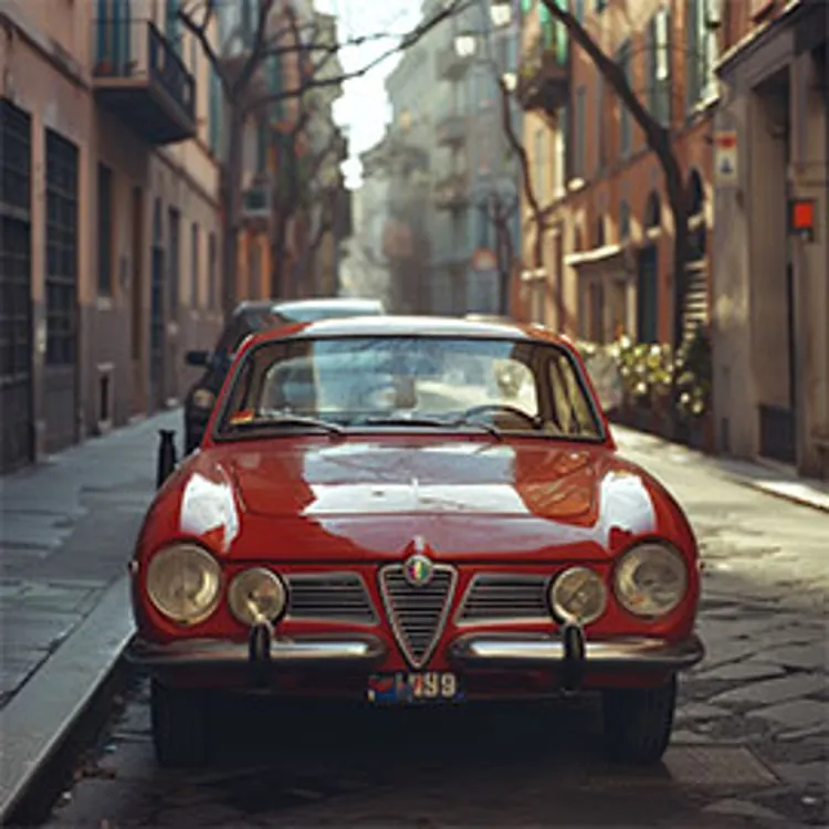 red Alfa Romeo car parked on a residential street
