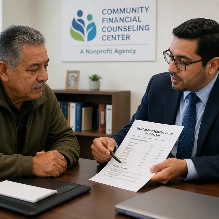 Financial counselor showing a debt management plan proposal to a client in an office setting