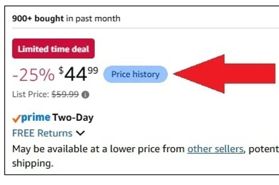 Online shopping price listing showing a limited time deal, price history button, and discount details