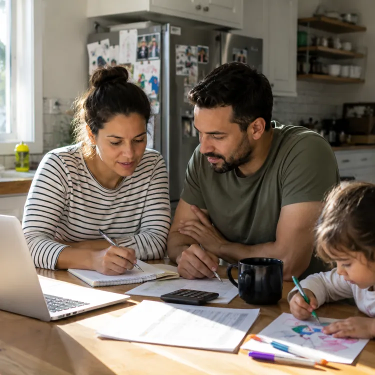 Parents reviewing papers at kitchen table while child draws with markers nearby